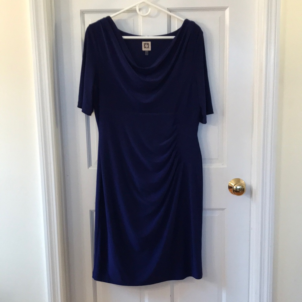 Anne Klein Gorgeous Deep Blue Stretch Dress 12 Cowl Neck and Ruched Waist